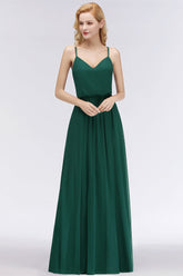 Dark Green Chiffon Spaghetti-Straps Modest Bridesmaid Dresses